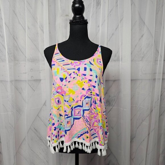Lily Pulitzer Pink Tasseled Tropical Beach Boho Tank Top Size M - Picture 1 of 15
